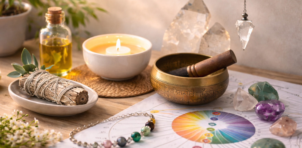 Ambiente de sessão de reorganização energética com gráfico de chakras, sino tibetano, cristais e vela acesa.