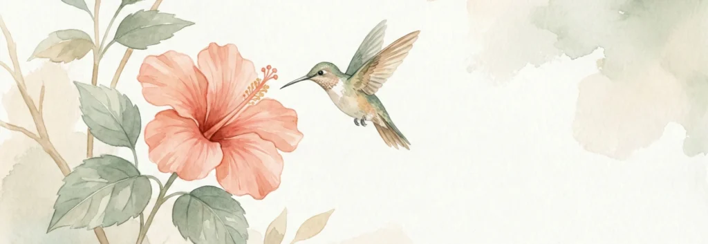 Ilustração de beija-flor pousando em flor, representando presença, leveza, e clareza emocional - espaço de autoconhecimento para mulheres que querem florescer.