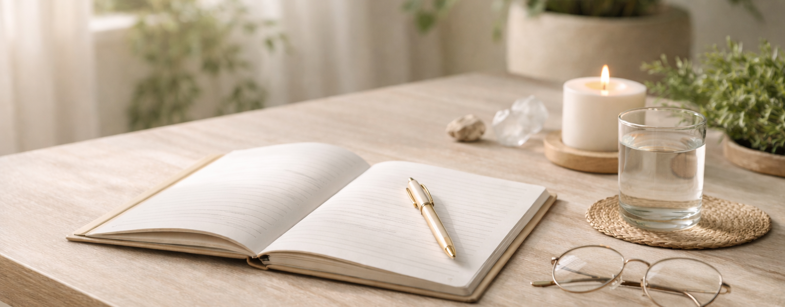 Mesa de atendimento energético com caderno aberto, copo de água, vela acesa e plantas ao fundo em ambiente claro e acolhedor.