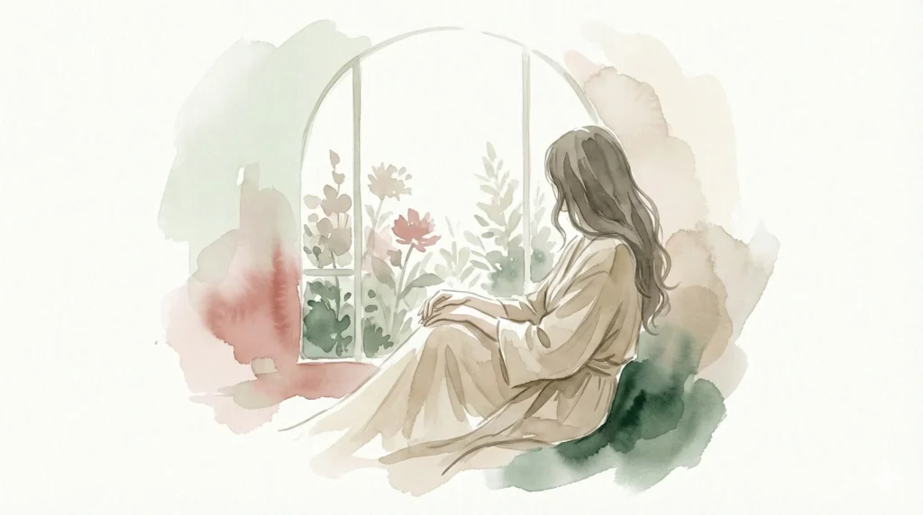 Ilustração em aquarela de mulher sentada em momento de pausa e contemplação,
olhando pela janela para flores, representando clareza emocional e autoconhecimento
feminino — Janice Cata-Preta