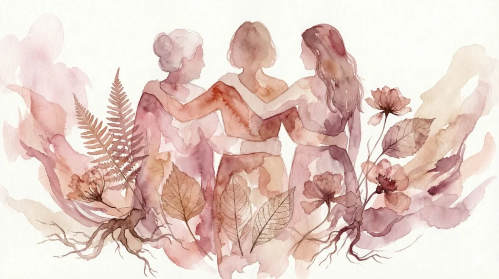 Três gerações de mulheres em aquarela simbolizando ancestralidade feminina — Blog Janice Catapreta