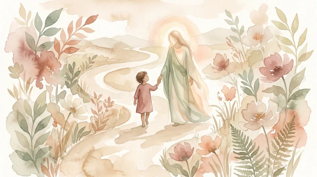 Ilustração em aquarela no estilo botânico de uma criança pequena (representando o Ego) segurando a mão de uma figura feminina guia e luminosa (representando o Self), caminhando por uma trilha suave cercada por flores e folhagens em tons de rosa, pêssego e terra.