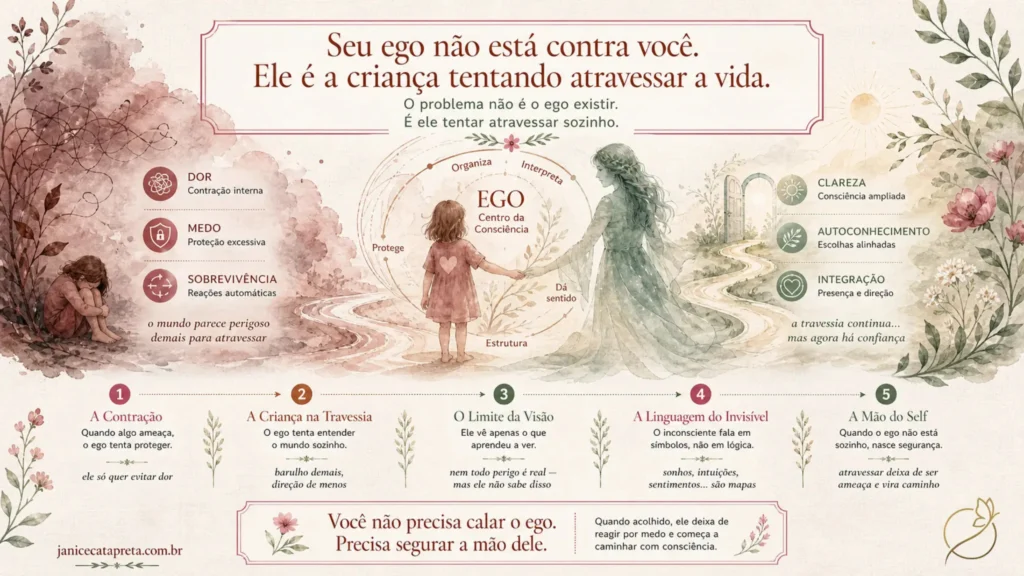 nfográfico em aquarela de Janice Cata Preta explicando a integração do ego. Uma criança representando o ego segura a mão de uma guia luminosa (o Self) em uma trilha botânica com 5 estágios de consciência.