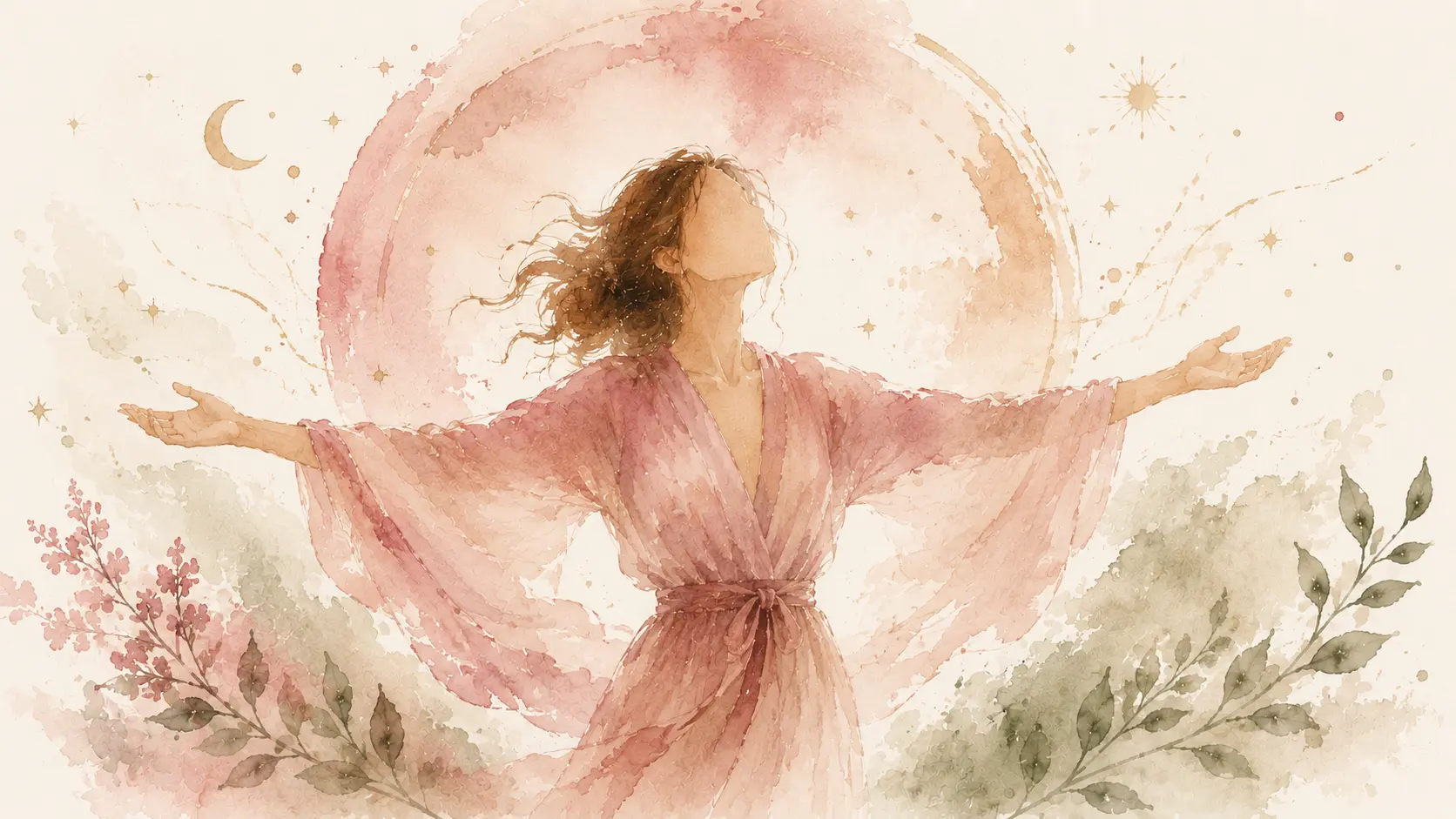Ilustração em aquarela de mulher de braços abertos com lua e estrelas ao fundo, representando o ato de deixar fluir e a expansão da consciência