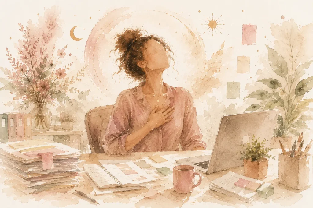 Mulher fazendo pausa consciente no trabalho, respirando de olhos fechados em escritório acolhedor em estilo aquarela suave.