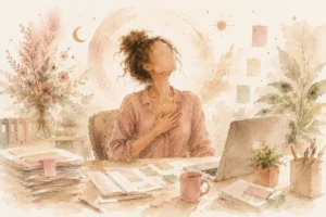 Mulher fazendo pausa consciente no trabalho, respirando de olhos fechados em escritório acolhedor em estilo aquarela suave.