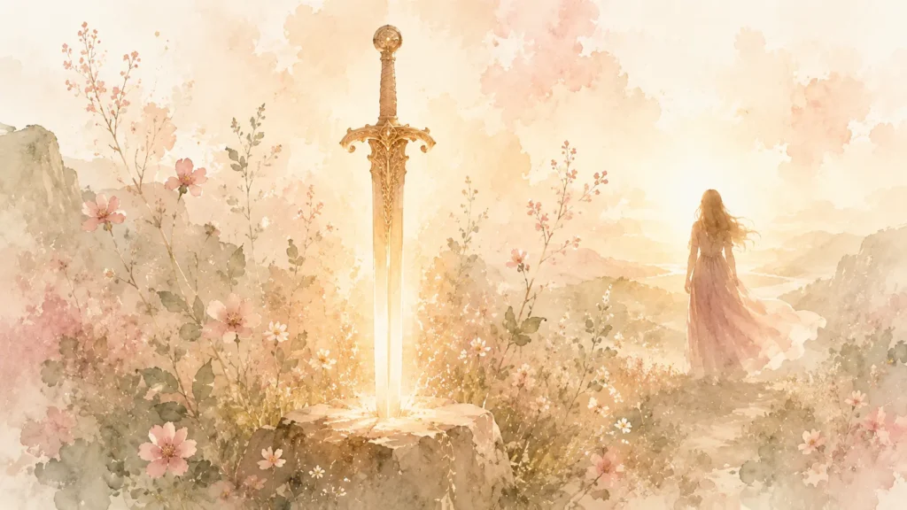 Espada dourada, como em Mestres do Universo, luminosa em campo de flores suaves em aquarela, com silhueta feminina contemplando a luz ao fundo. Ela pertence ao SER que é ela mesma.