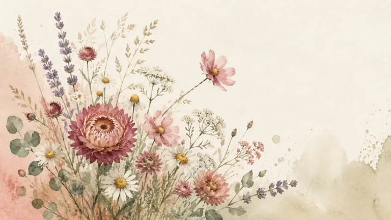 Ilustração em aquarela de um jardim de flores em tons de rosa, dourado e verde-sálvia, representando o florescer pessoal no processo do Sentir para Entender