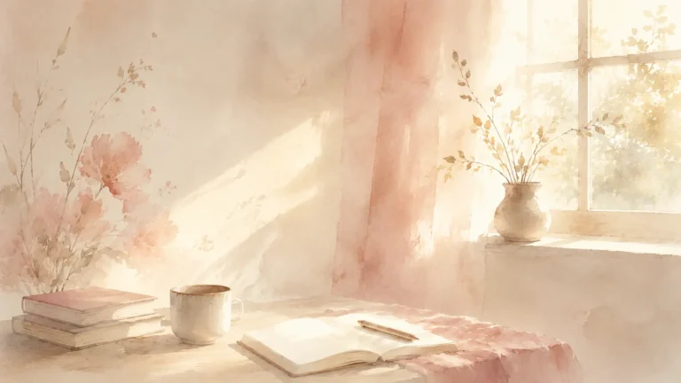 Ilustração em aquarela de luz suave entrando por uma janela em um quarto em penumbra, em tons de rosa e creme